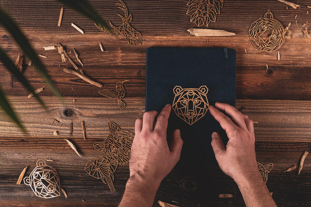 Holzsticker Anwendung, Tiger aus Holzsticker geschnitten mit feinen Konturen und auf ein Buch geklebt